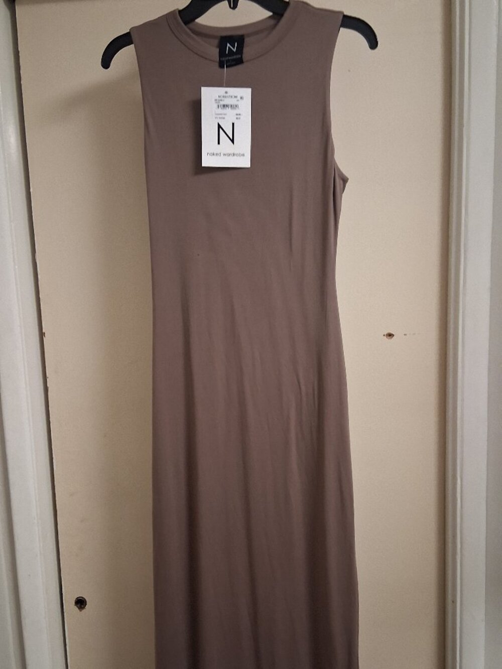 **NWT** Naked Wardrobe Mock Neck Sleeveless‎ Bodycon Maxi Dress. Taupe Size L